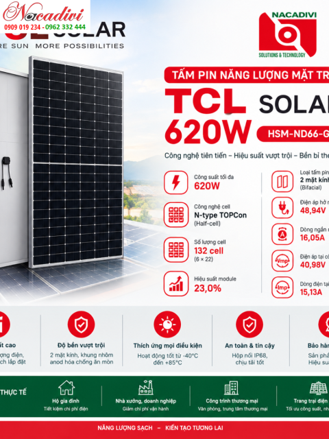 Tấm pin năng lượng mặt trời TCL  Solar 620W 2 mặt kính – HSM-ND66 GR620